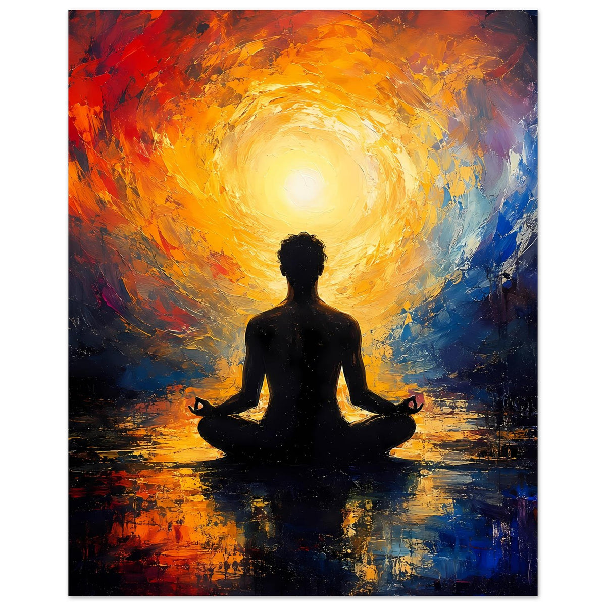 Zen-Poster: Meditierende schwarze Silhouette vor gelb leuchtender Aura, abstrakter Farbwirbel