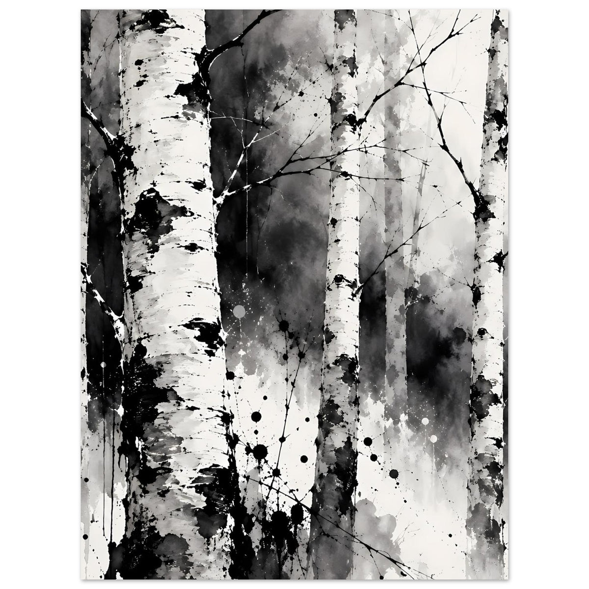 Monochromes Birkenwald-Kunstposter mit schwarzen Spritzern und feinen Ästen