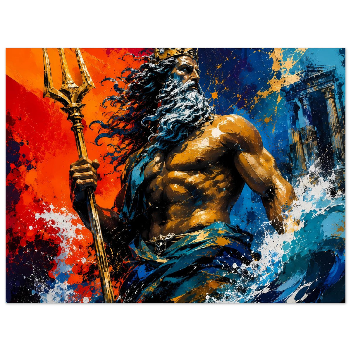 Querformat-Poster: Neptun mit Krone und Dreizack, Splash-Art in Blau, Orange und Schwarz