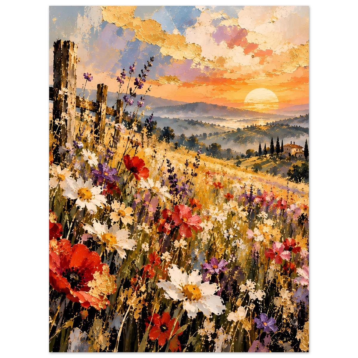 Hochformat-Landschaftsposter mit Mohnblumen und Abendsonne über weiten Feldern