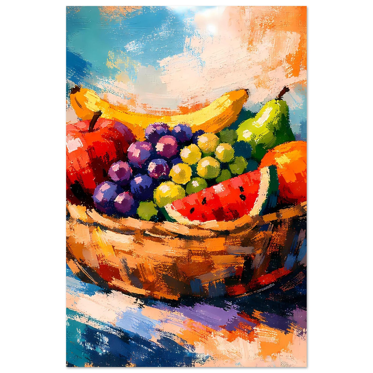 Poster mit Obstkorb-Malerei: Trauben und Wassermelone, ergänzt durch Zitrus- und Blattfrüchte