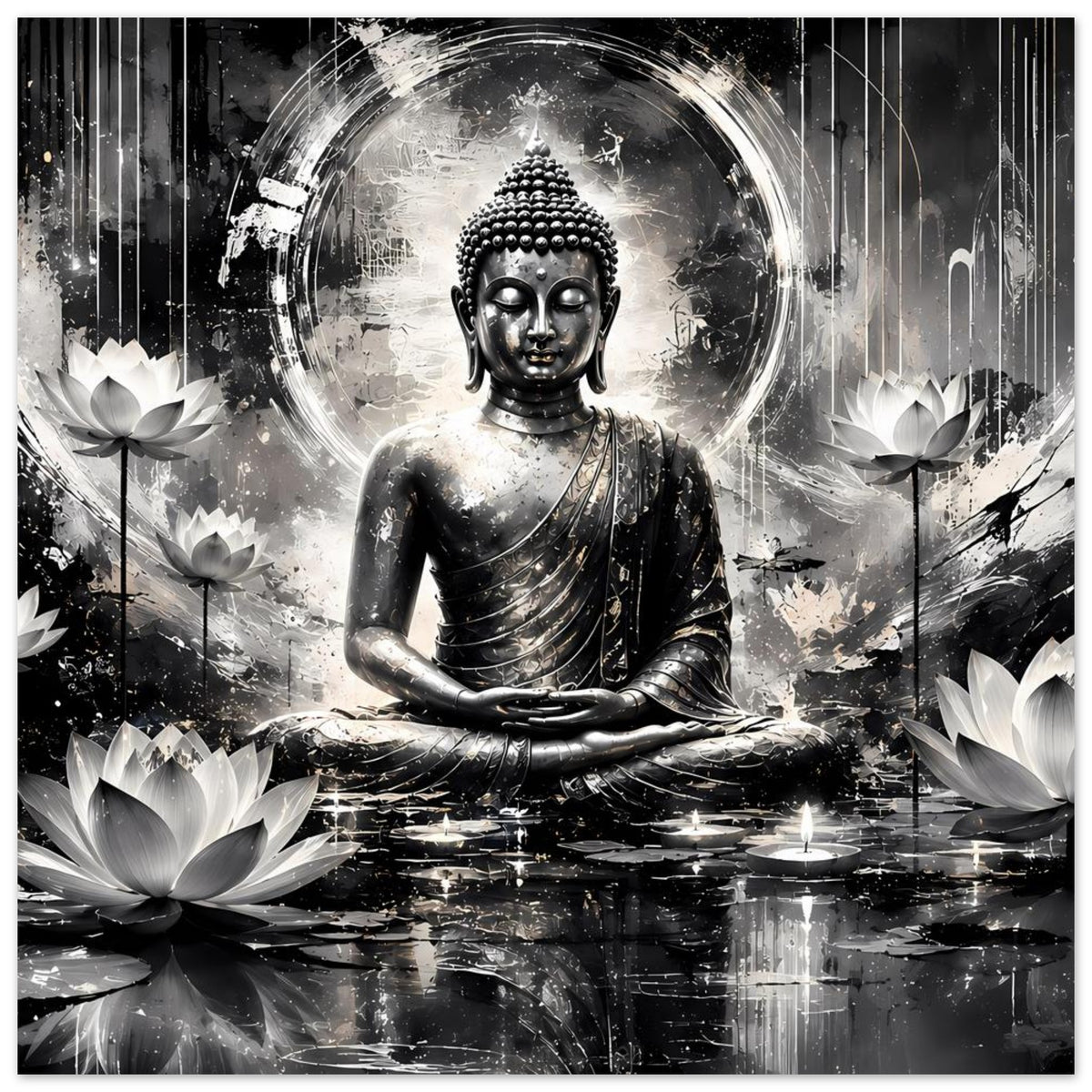 Buddha-Kunstposter schwarzweiß: sitzender Buddha, Lotusblüten und Spiegelungen im Wasser