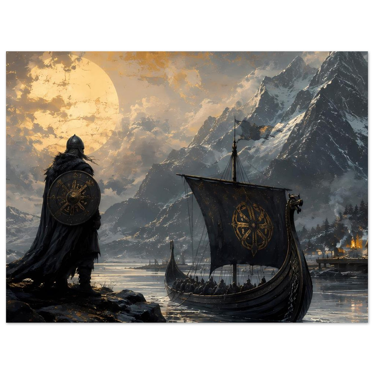 Poster mit Wikingerkrieger, Schild und Drachenboot vor nordischen Bergen mit Mond