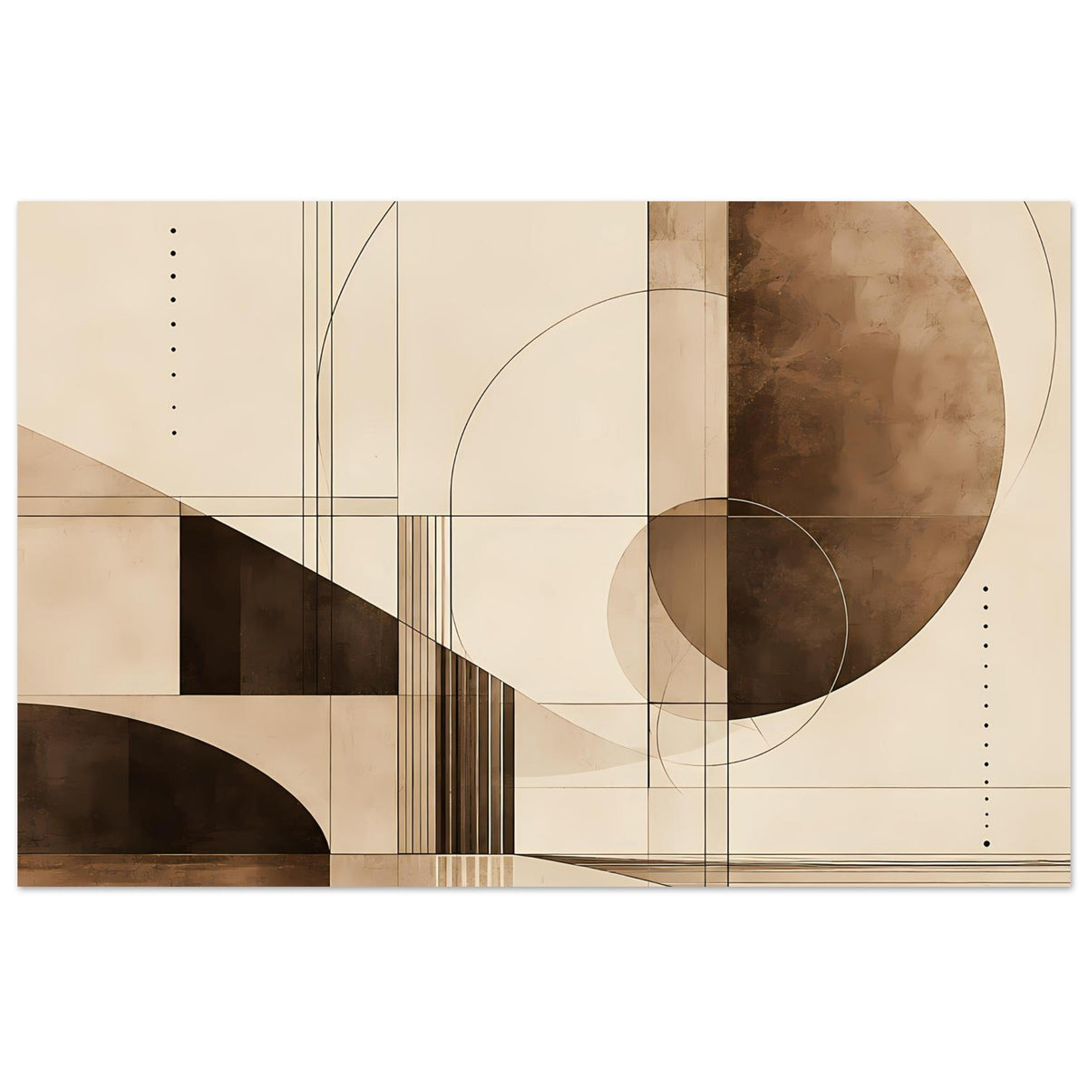 Rechteckiger Kunstdruck mit abstraktem geometrischem Sepia-Design, Kreisen und Linien