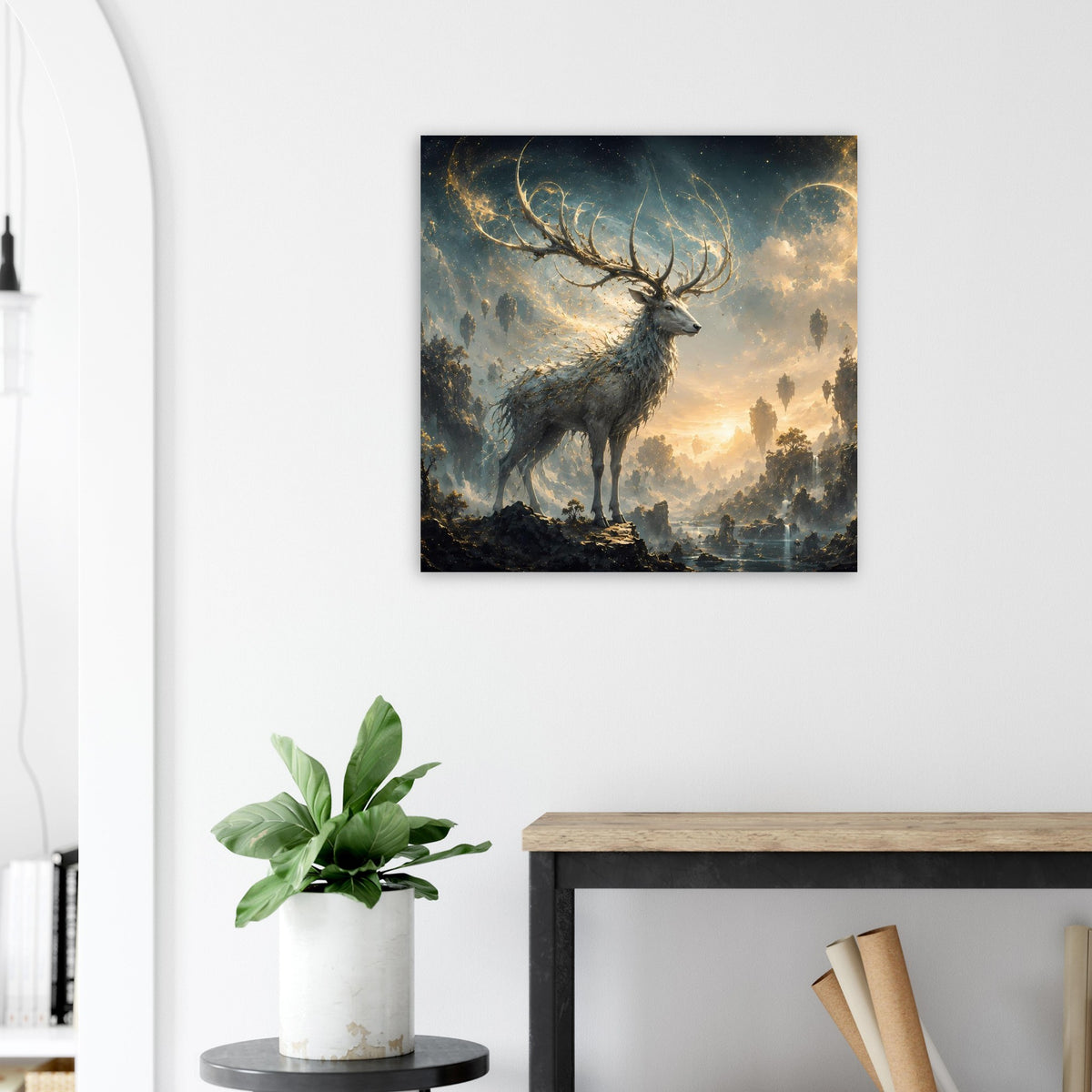 Quadratisches Poster mit Hirsch in dunkler Silhouette und goldblauem Hintergrund