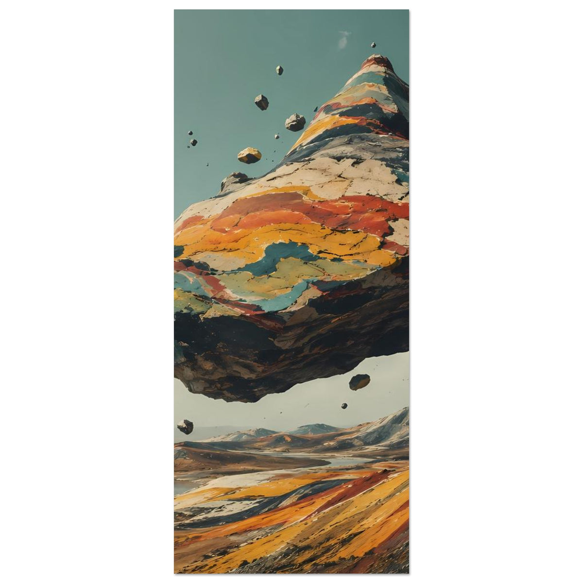 Vertikales Poster mit schwebendem Berg aus buntem Gestein, türkis/rot/orange