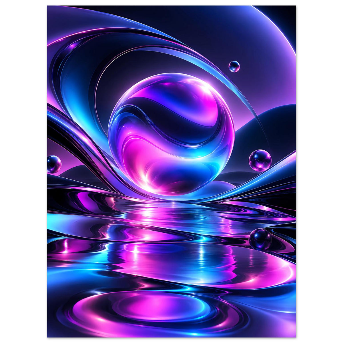 Abstraktes Poster: Neon-Kugel und Bögen in Blau-Violett, mit spiegelnder Lichtfläche