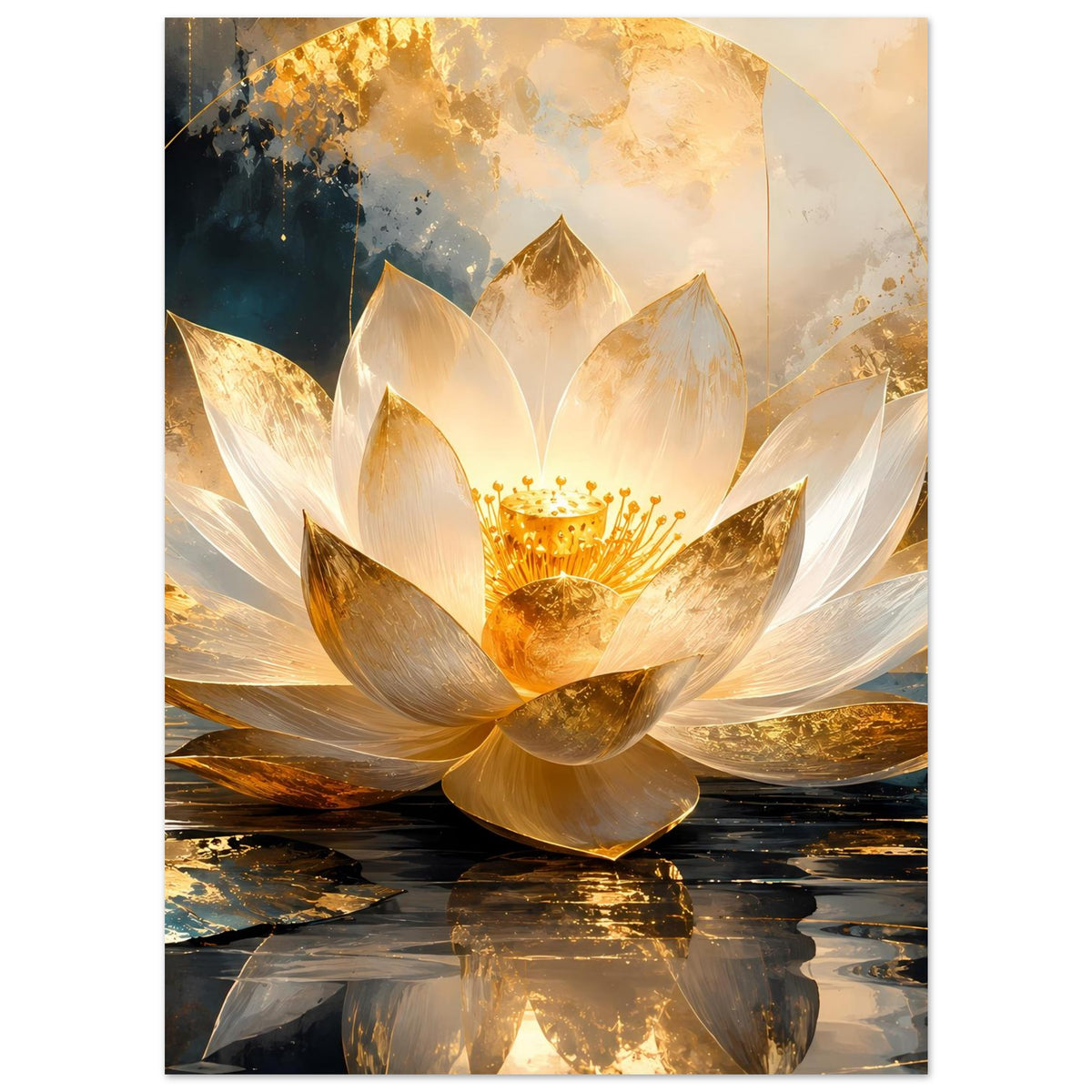 Kunstposter mit goldener Lotusblüte in der Mitte, umgeben von Weißblättern und Spiegelung