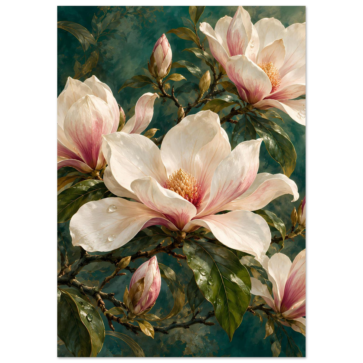Floralposter, fokussierte Magnolienblüte in Creme mit rosa Rand, grüne Blätter, gerahmt