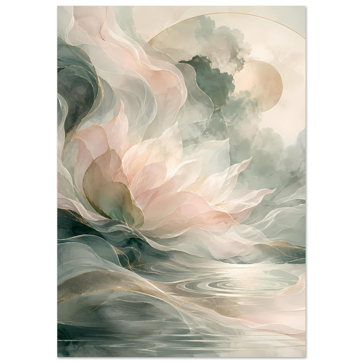Vertikales Poster mit abstrakten Blüten und Sfumato-Wolken, Pastellrosa, Salbeigrün, Beige