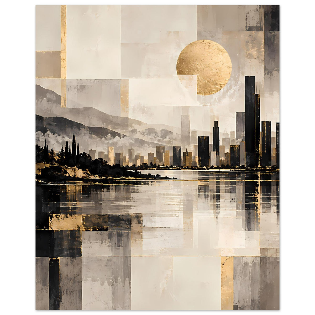 Stadtlandschaftsposter mit goldener Sonne, dunkler Skyline und glänzendem Wasser mit Spiegelung