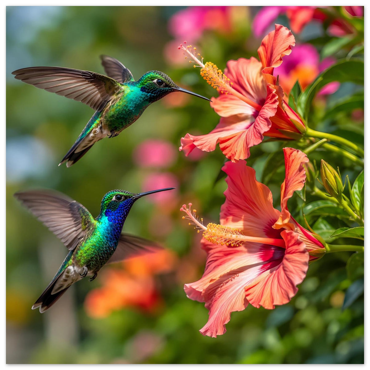 Poster mit zwei Kolibris und leuchtenden Hibiskusblüten, Blumen dominieren das Motiv