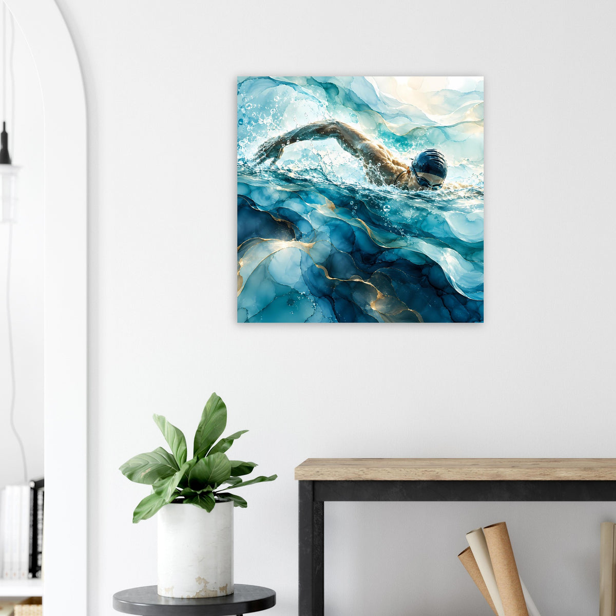 Quadratisches Poster mit Schwimmer in Blau, Blick durch bewegte Wassermassen