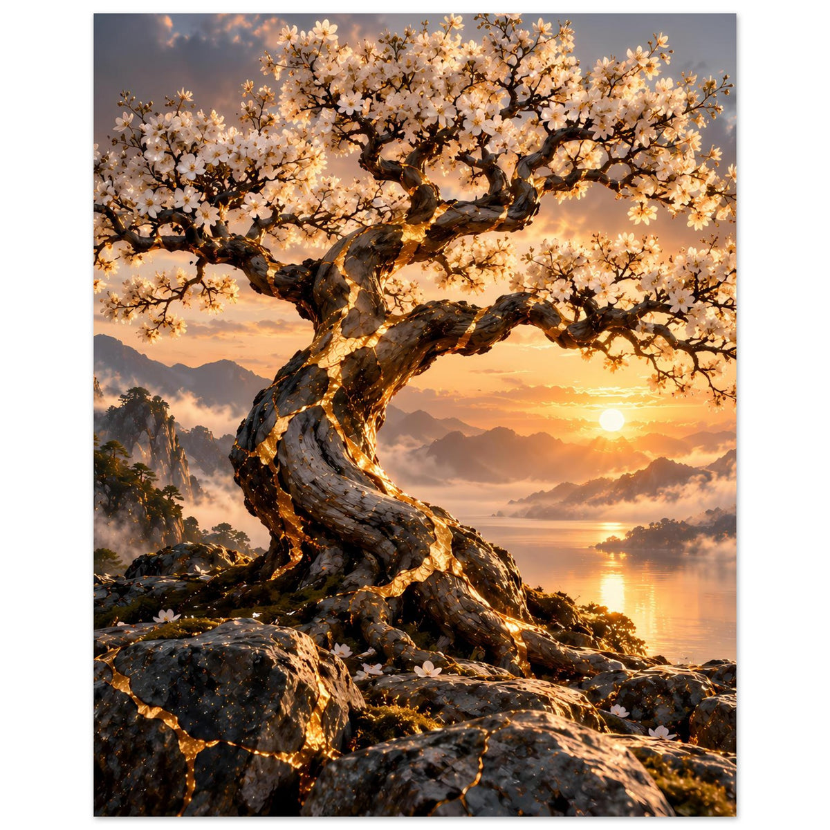 Vertikales Poster mit blühendem Baum, Sonnenuntergang und Berglandschaft