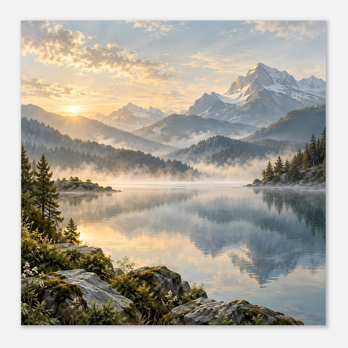 Landschaftsposter im Querformat: Sonnenaufgang, Alpenberge, Nebel und See mit Spiegelbild