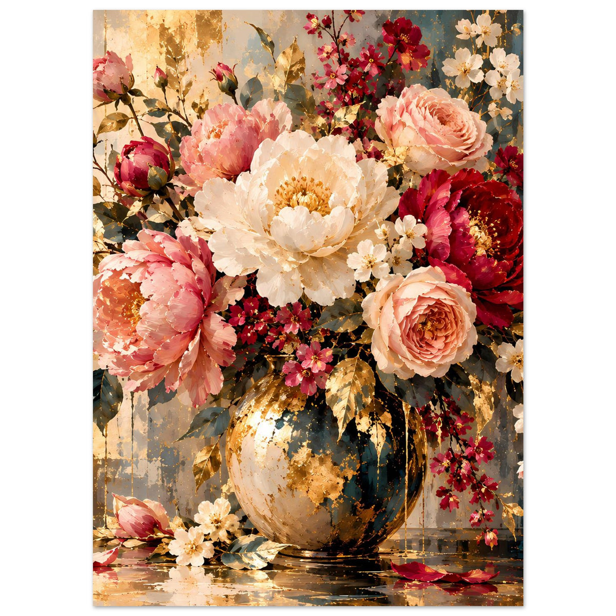 Blumenposter, vertikal: Pfingstrosen, Rosen und Blütenzweige in einer Vase, mehrfarbige Komposition.