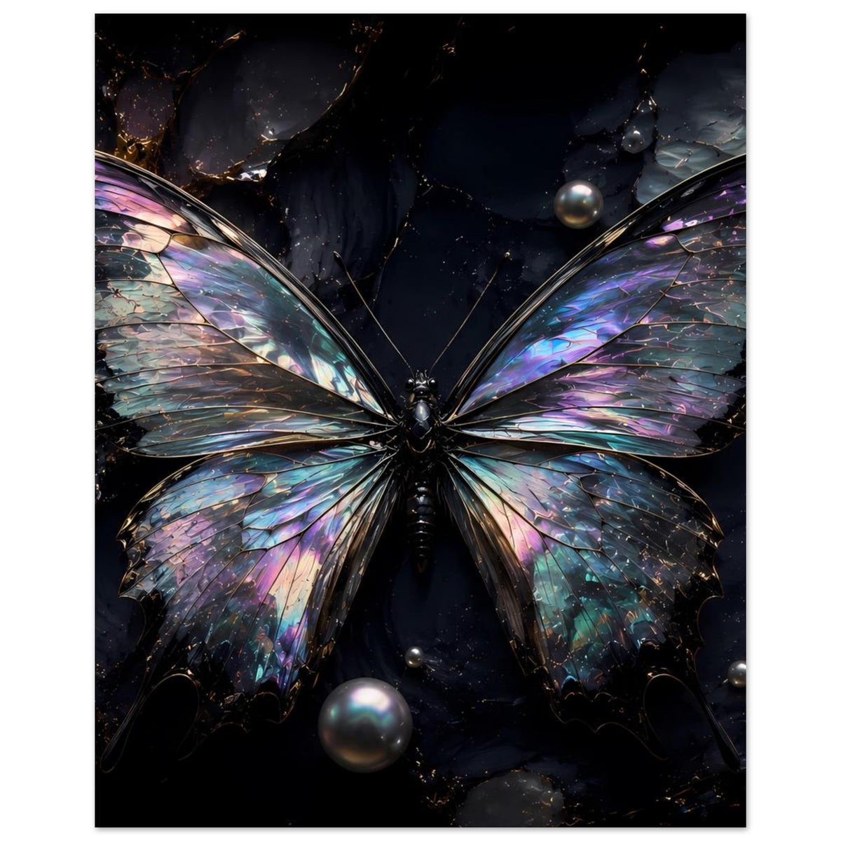 Schmetterlingsposter mit großem Schmetterling in kühlen Blau- und Violetttönen