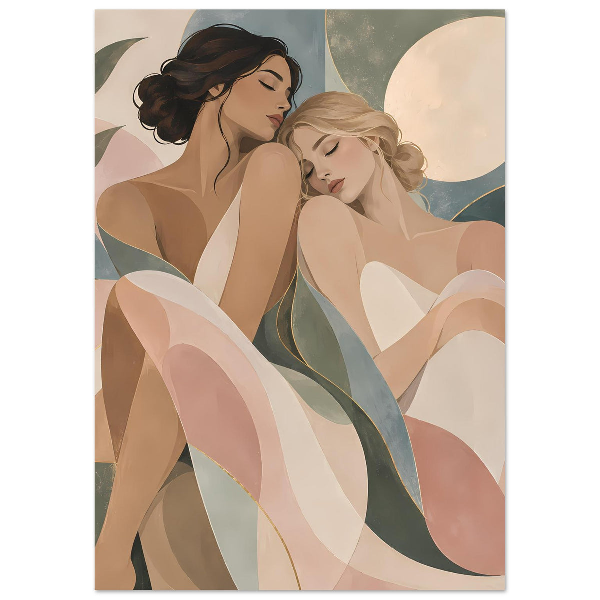 Poster mit Art‑Nouveau‑Motiv: zwei Frauen im Profil, sanfte Pastellfarben, goldene Linien und florale Formen