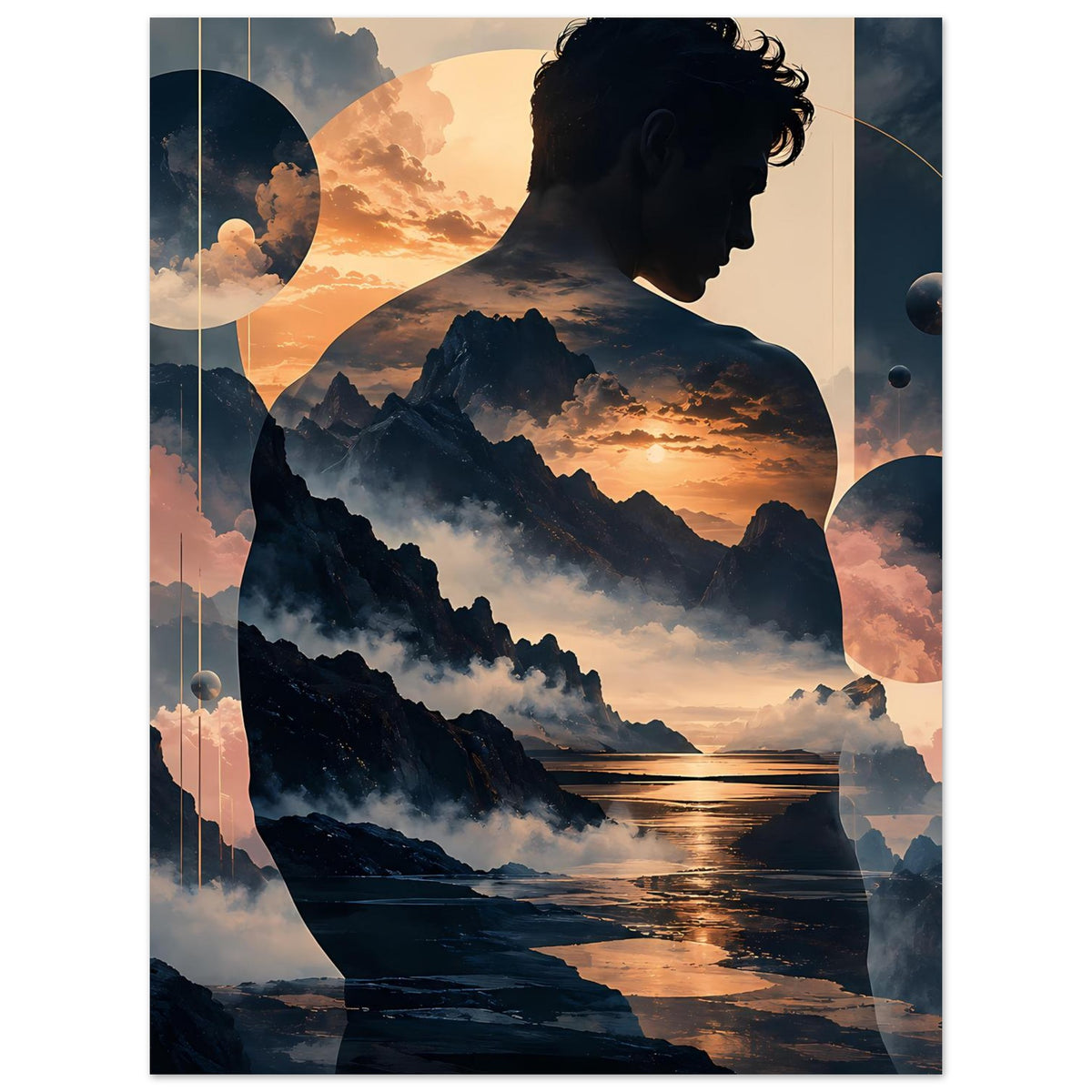 Poster mit vollständigem Motiv: Mann im Profil, Berge, Sonnenuntergang, Wasserreflexe