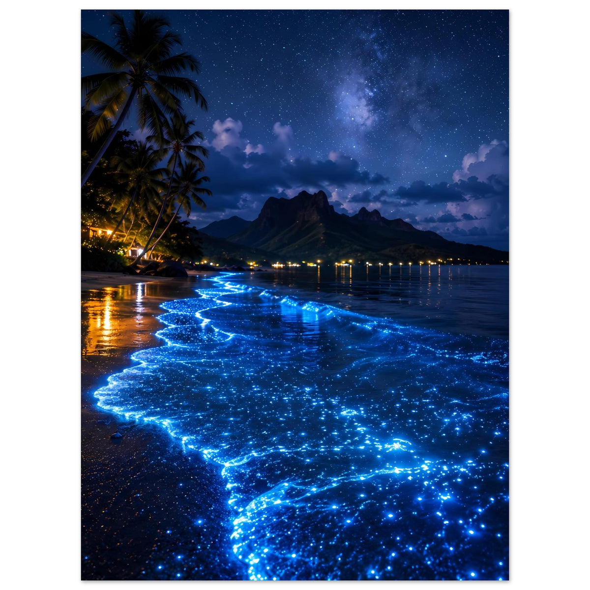 Poster Hochkant: leuchtende blaue Biolumineszenz am Strand bei Nacht