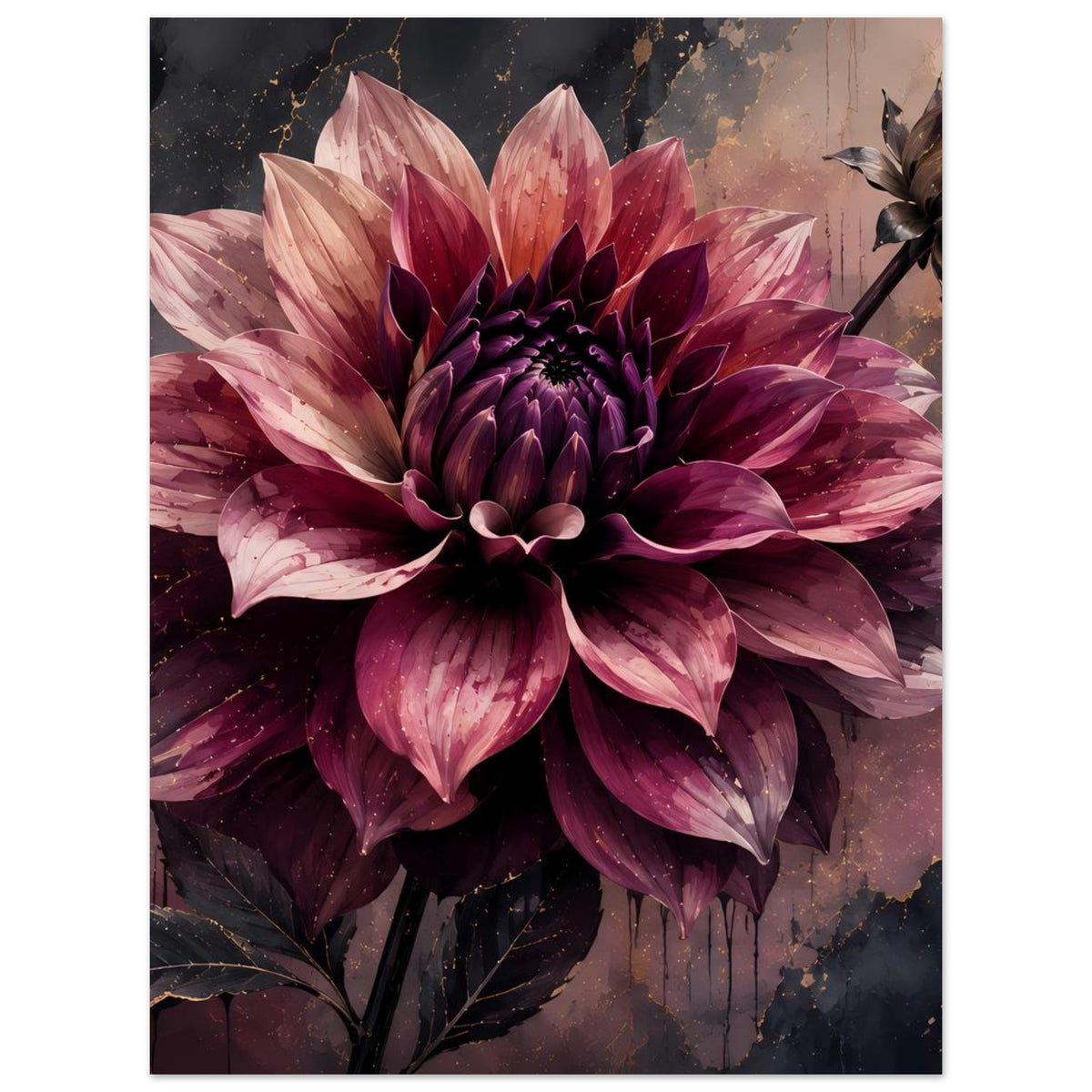 Blumenposter mit großer dunkelvioletter Dahlie und goldenen Akzenten, aufwendiges Blütenbild
