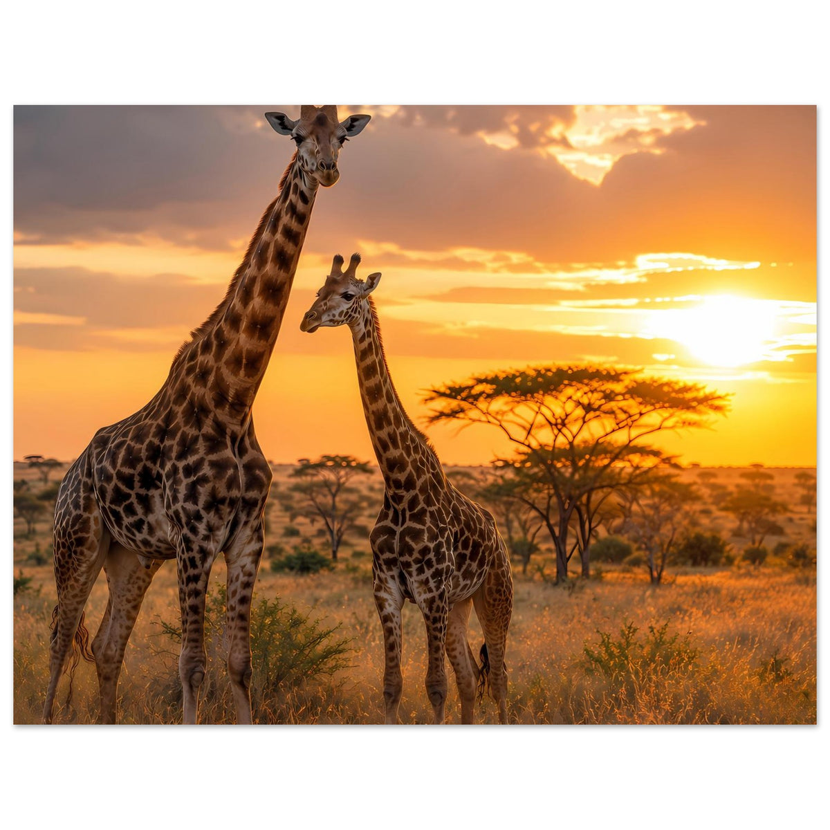 Safari-Sunset-Giraffenposter, horizontal: zwei Giraffen und orangefarbener Sonnenuntergang