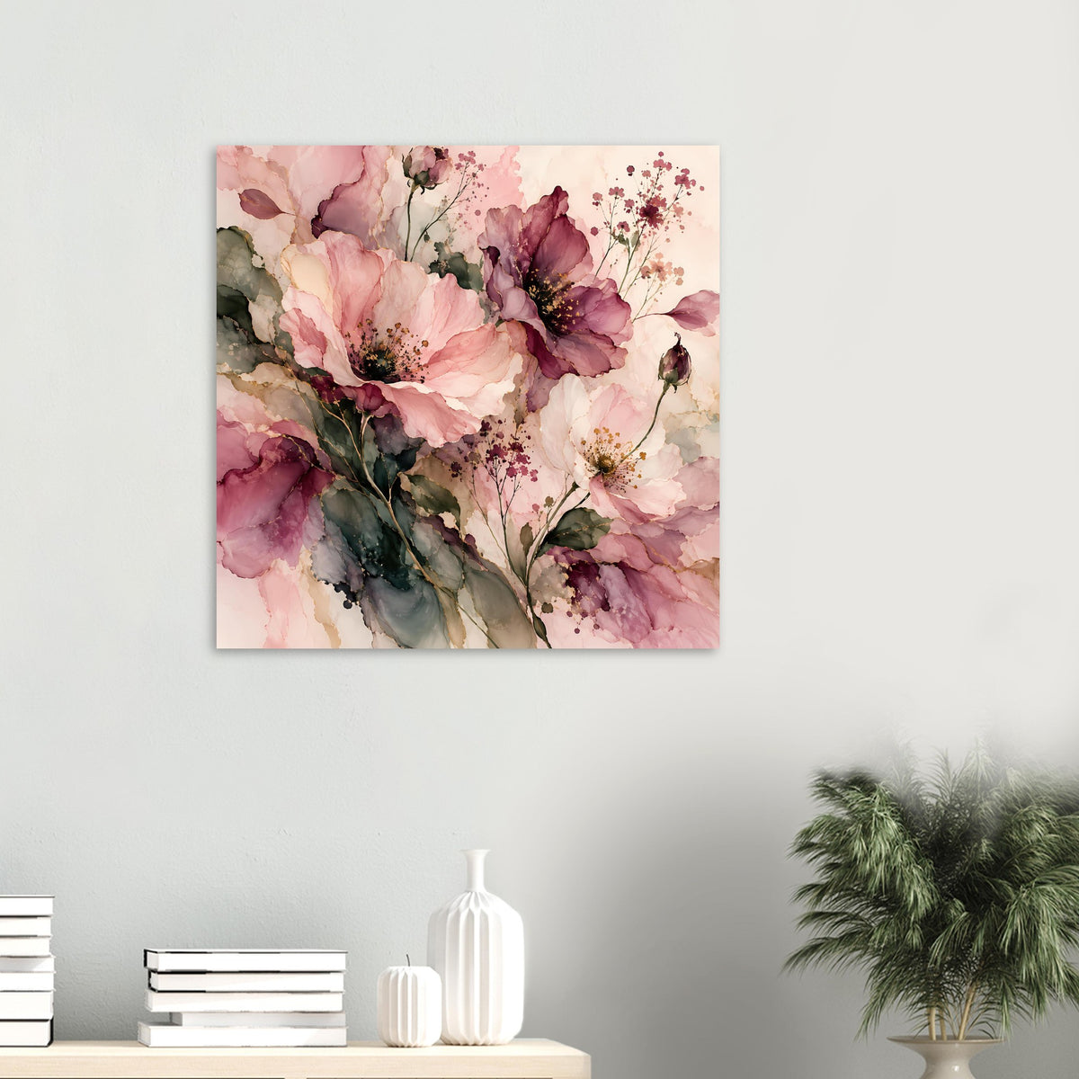 Blumenposter mit rosa und burgunderfarbenen Blüten, grünen Blättern und feinen Sprenkeln