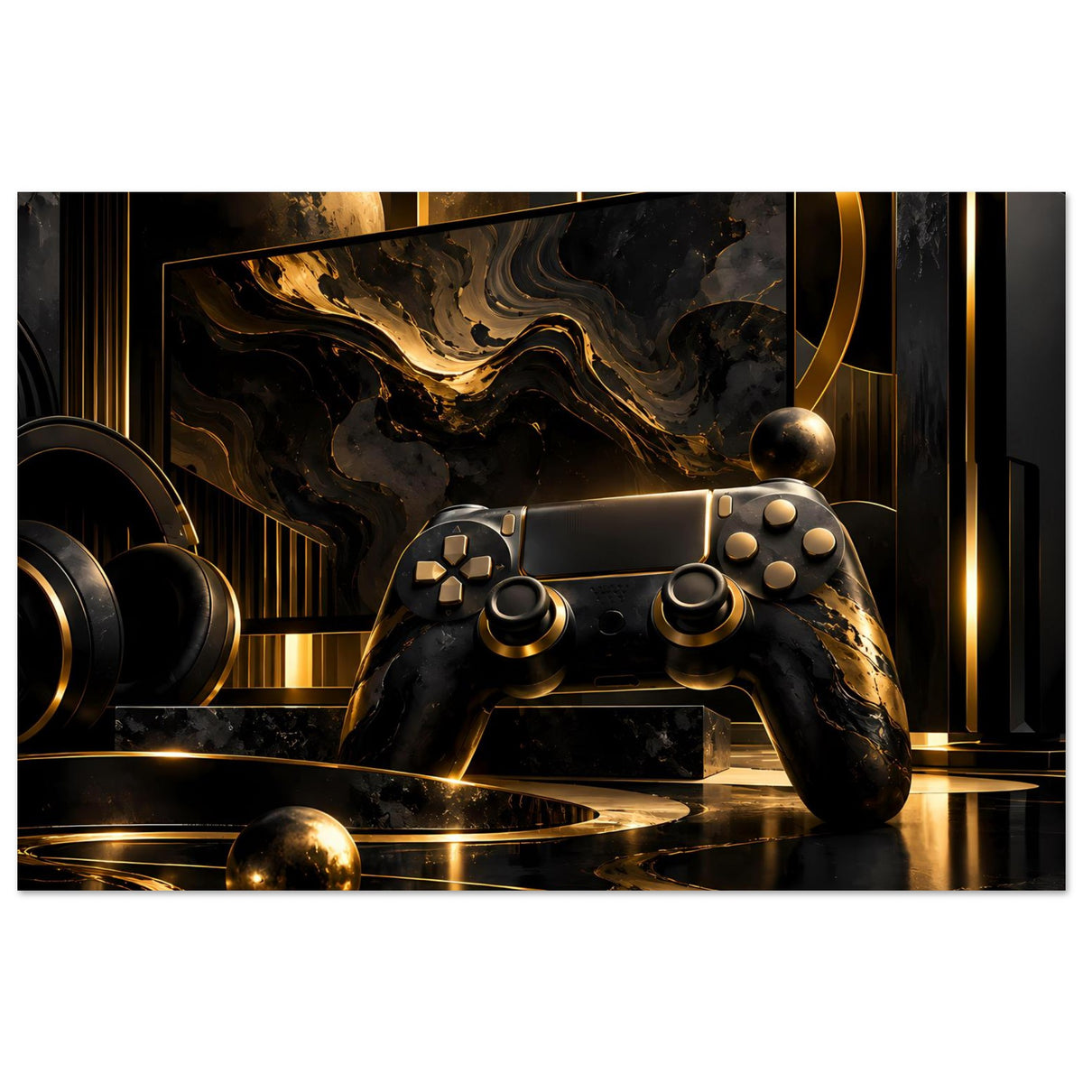 Gaming-Poster: Gamecontroller in Schwarz-Gold mit abstraktem Gold-Design