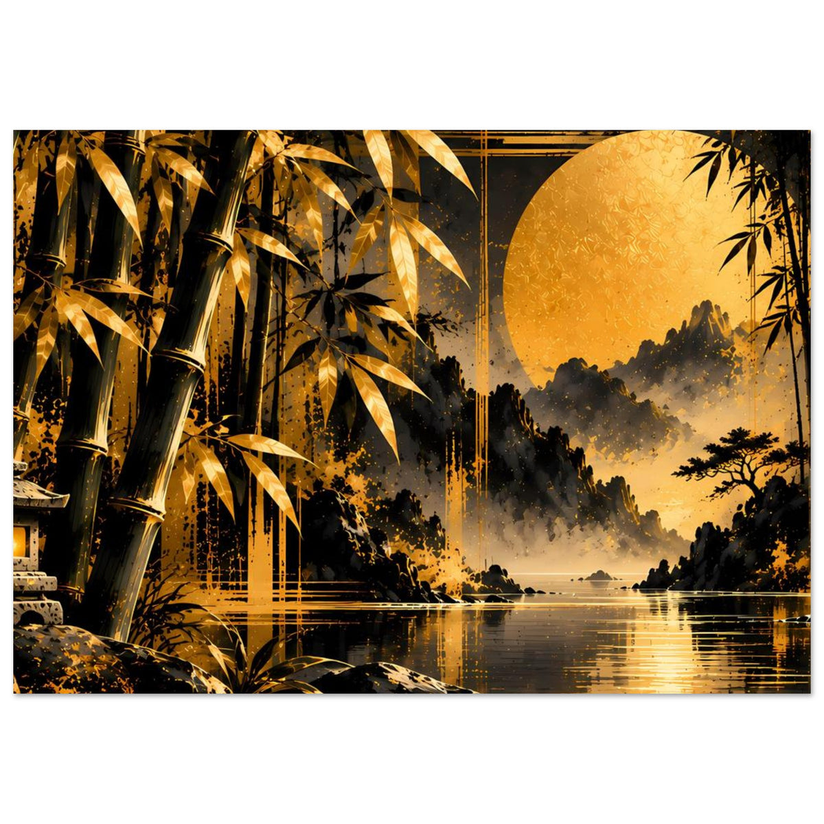 Bambuslandschafts-Poster mit goldenem Lichtkreis, dichter Vegetation und Reflexionen im Wasser