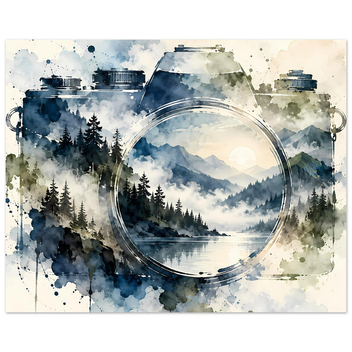Aquarell-Poster mit vintage Kamera und rundem Objektiv, Landschaft mit Bergen, Nebel und Waldsee.