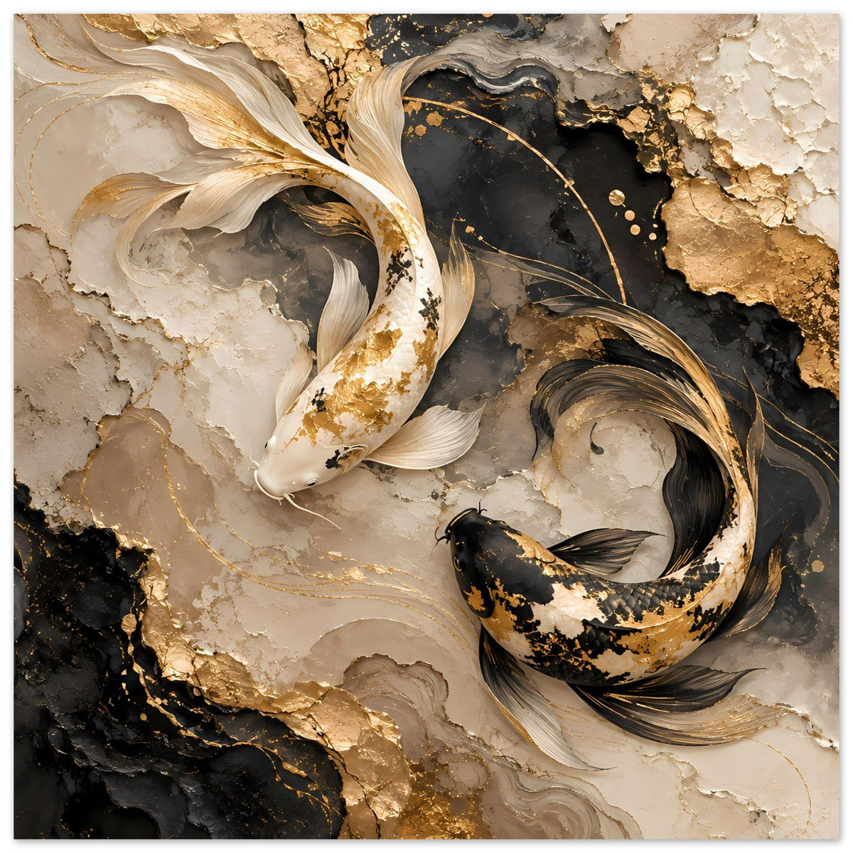 Vertikales Wandposter: Koi-Fischmotiv in Gold und Schwarz auf marmorierter Fläche