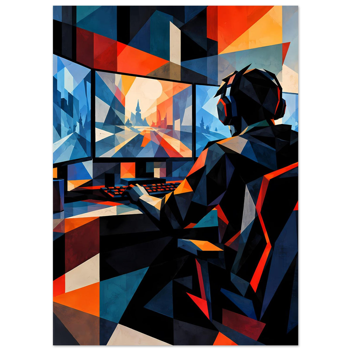 Gaming-Poster mit Gamerfigur und Kopfhörern, abstrakte Flächen in Blau und Orange