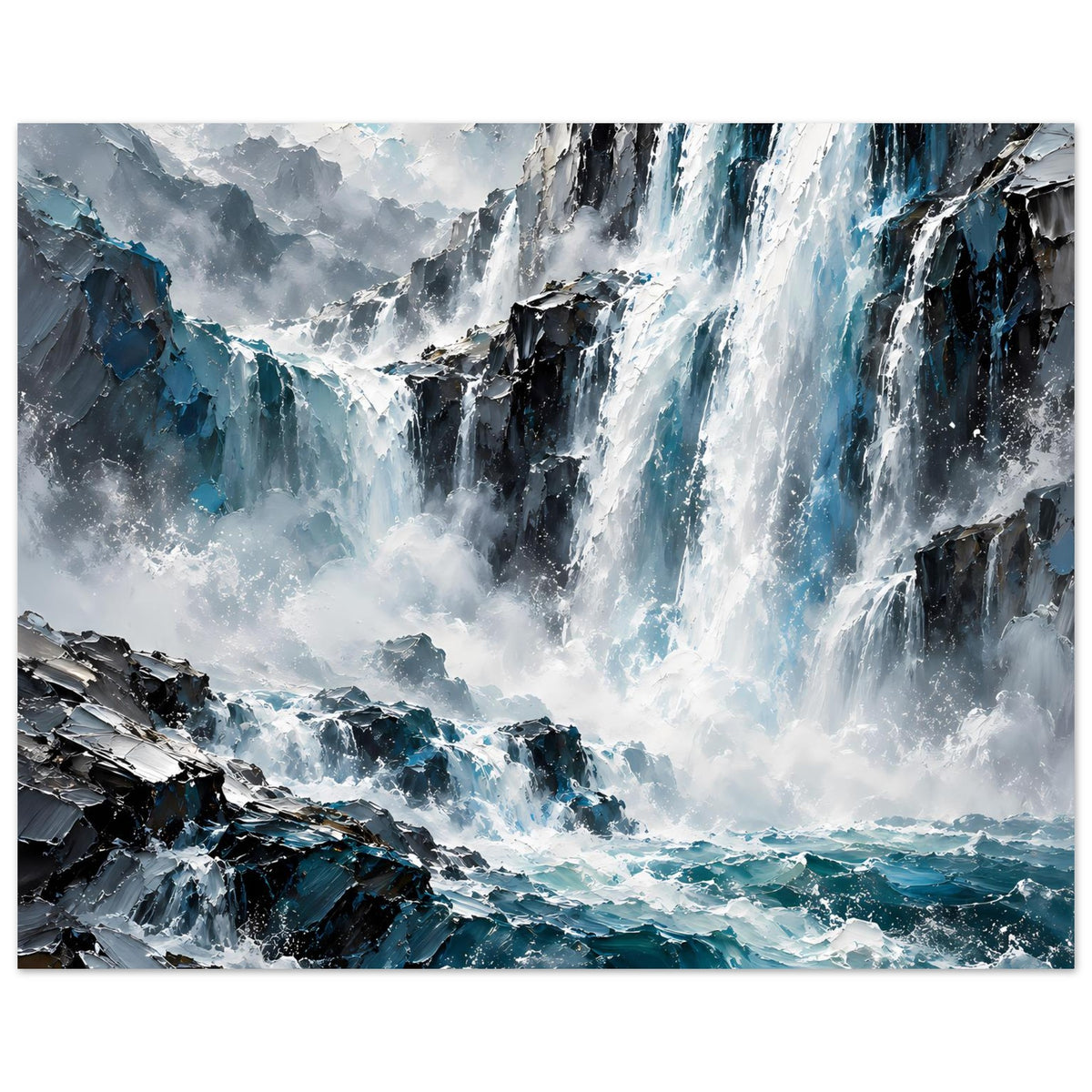 Wasserfall-Poster mit kräftigen Wasserfällen über dunklen Felsen und blauem Meer