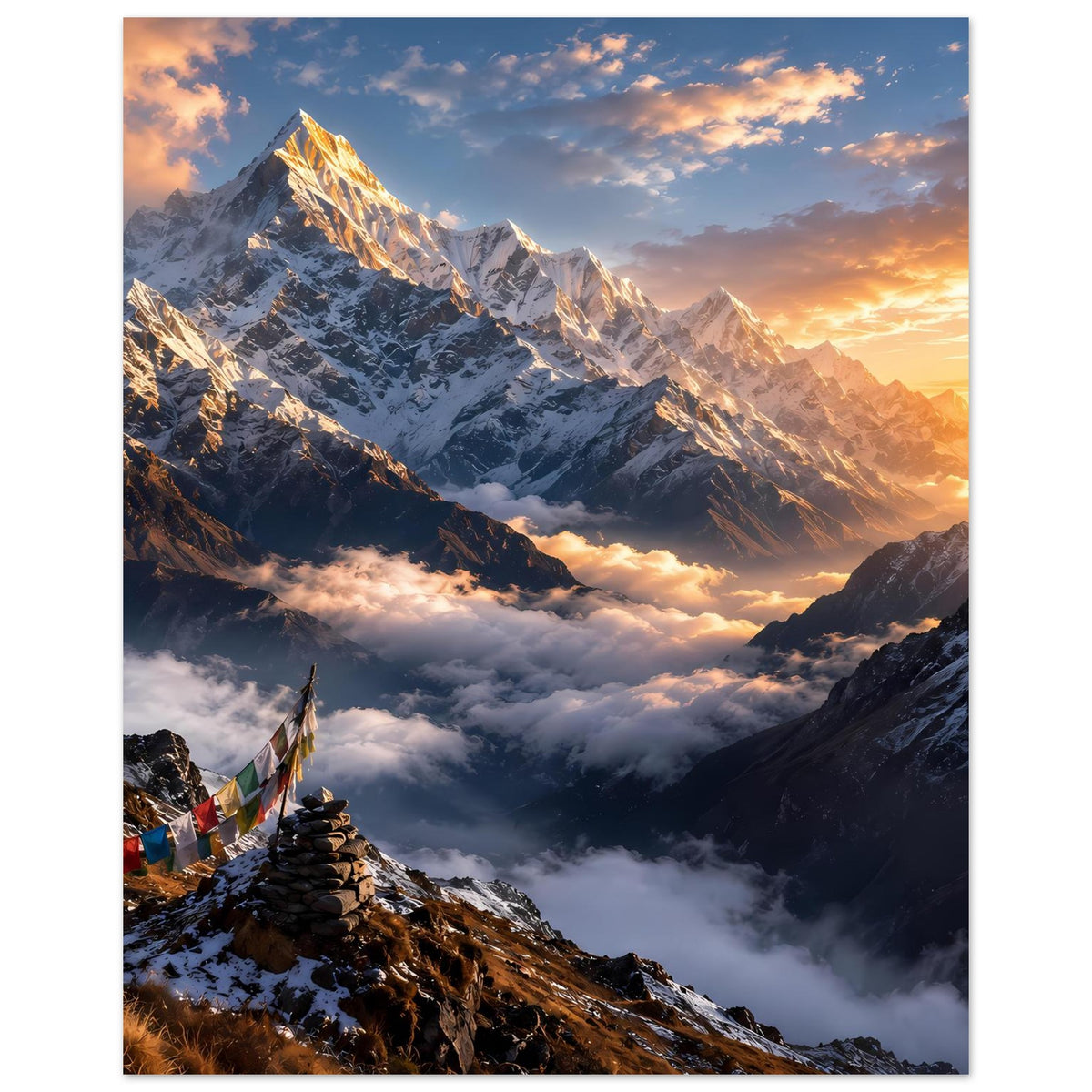 Poster im Hochformat mit Sonnenaufgang, schneebedeckten Gipfeln und tiefem Wolkenthal