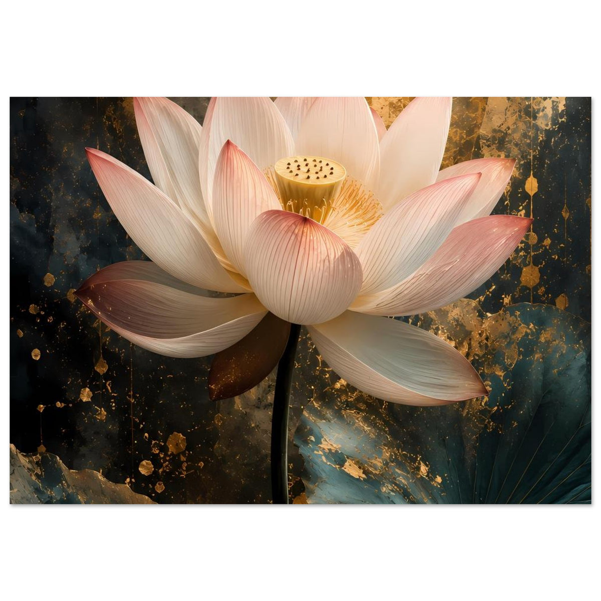 Poster mit Lotusblüte, goldfarbener Blütenkelch und rosa Nerven in den Blütenblättern