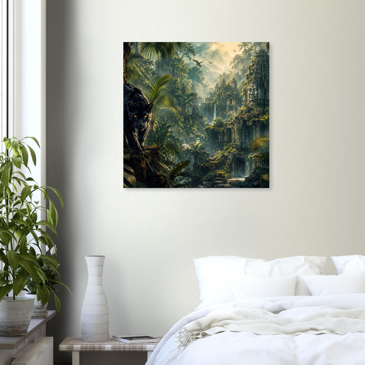 Quadratisches Poster mit Dschungelruinen und schwarzem Panther