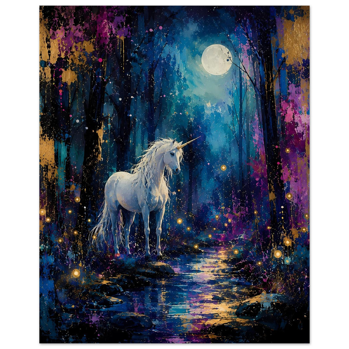 Einhornposter mit weißem Einhorn im Mondschein über Waldweg, leuchtende Punkte, Querformat