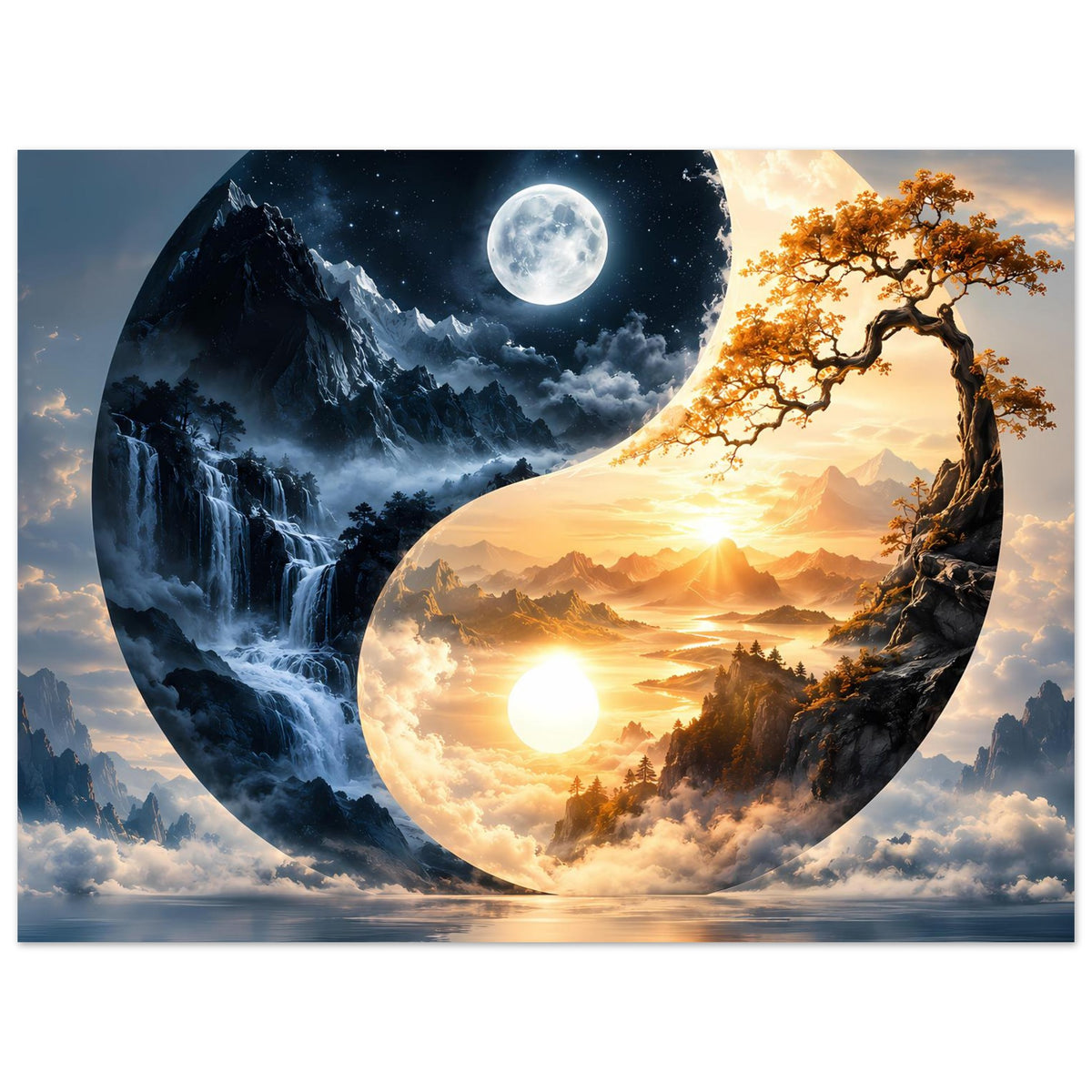 Yin-Yang-Landschaftsposter mit goldener Sonne und blauem Mond, Baum im rechten Teil, Himmel