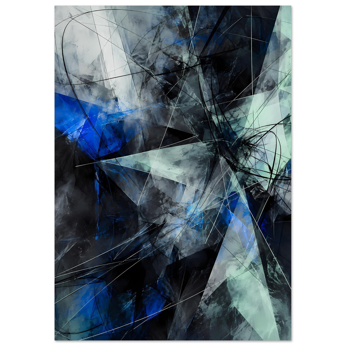 Abstraktes geometrisches Poster, vertikale Ausrichtung, Blau-, Türkis- und Grautöne