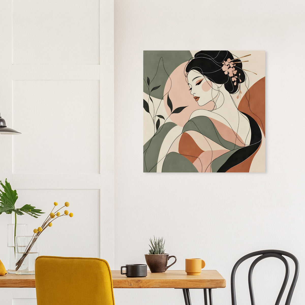 Poster mit Geisha-Illustration als Linienkunst, Gesicht im Profil mit Haarschmuck und Blättern