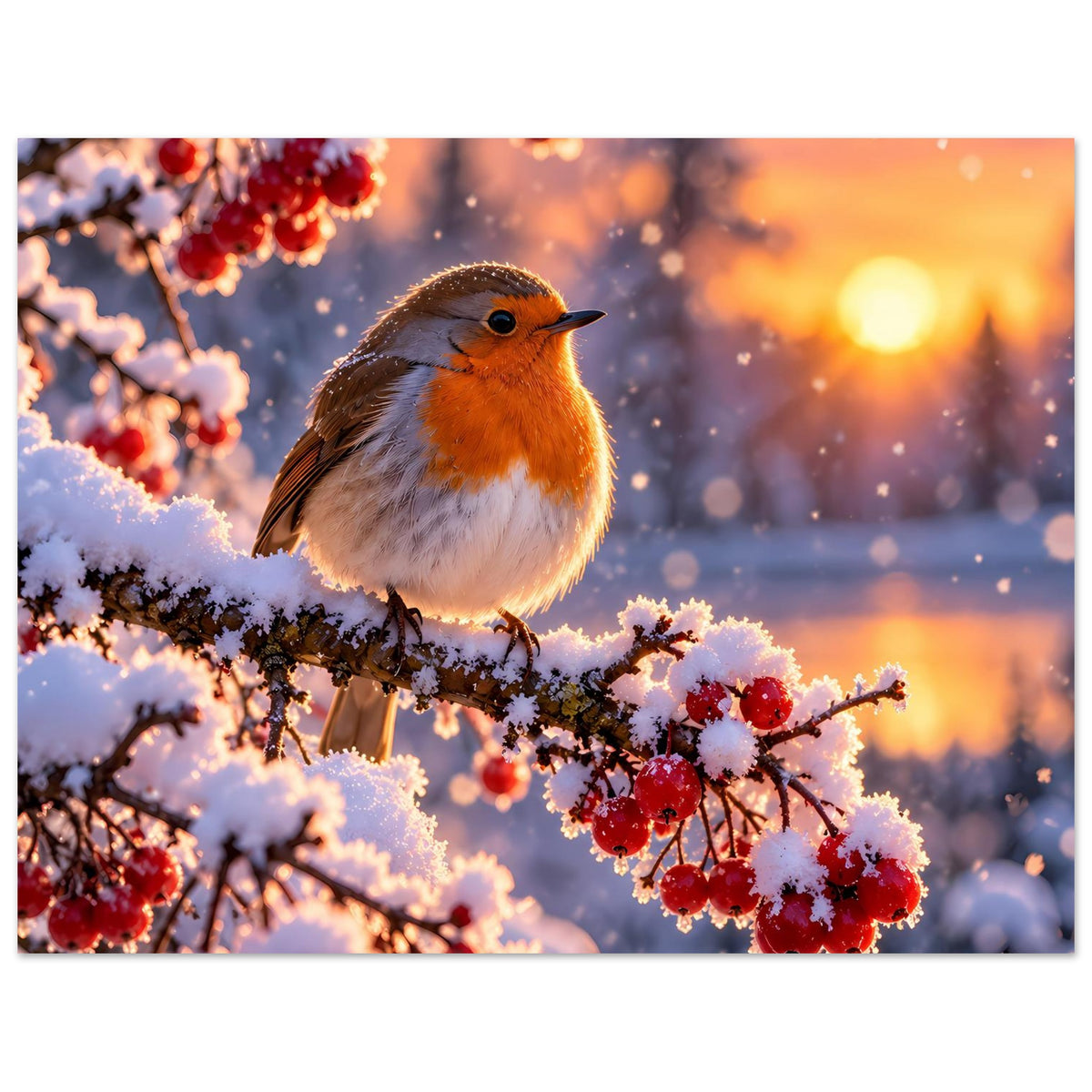 Hochformat-Poster: Rotkehlchen auf Ast mit Schnee, rote Beeren am unteren Rand.