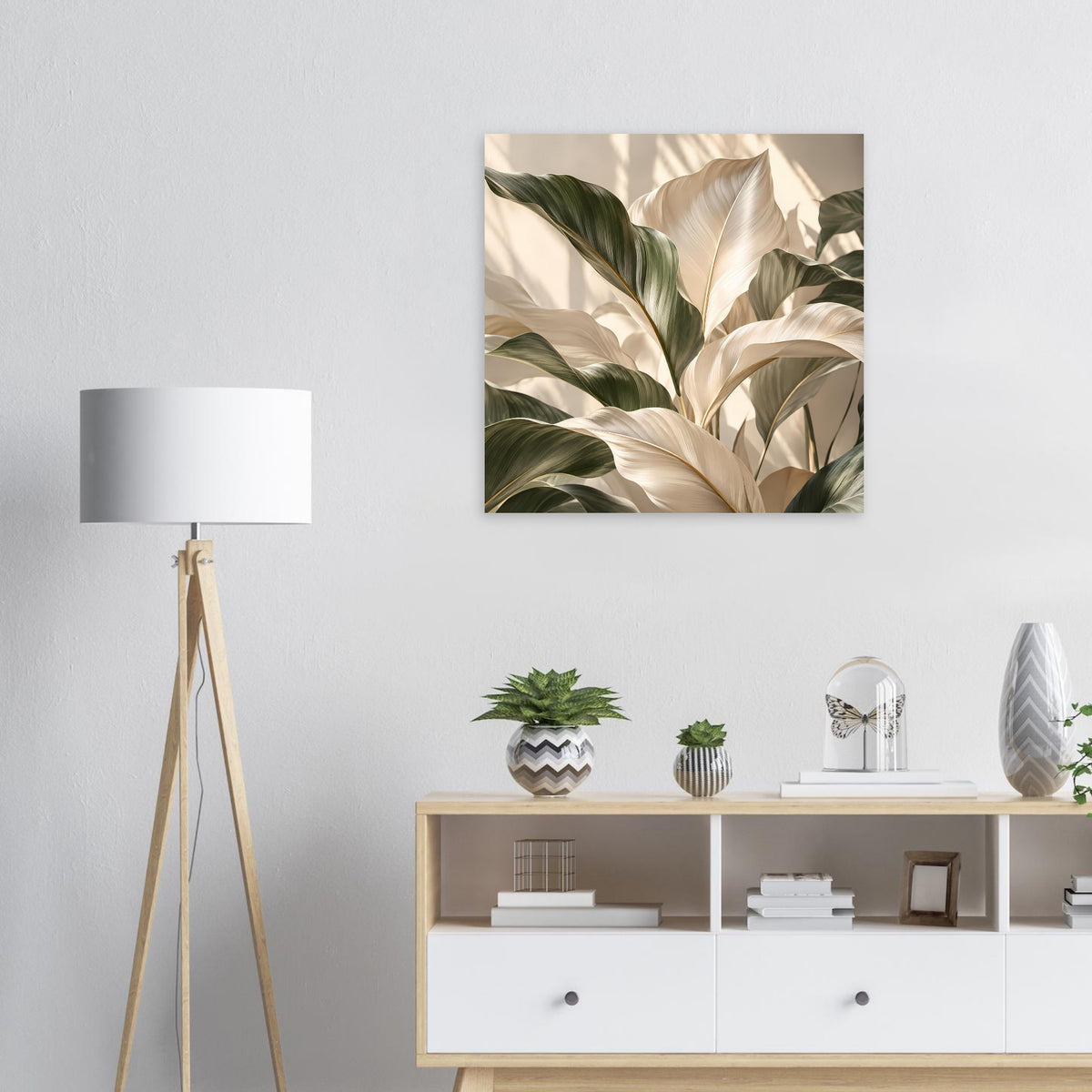 Pflanzenkunst-Poster mit großen Blättern in Grün und Creme