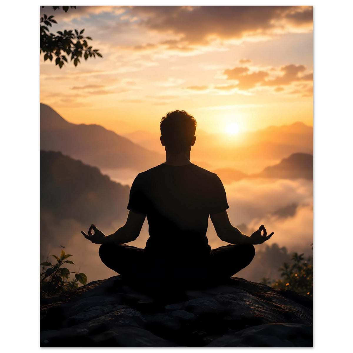 Gerahmter Kunstdruck: Meditationsfigur im Schneidersitz mit Sonnenuntergang über Bergsilhouetten