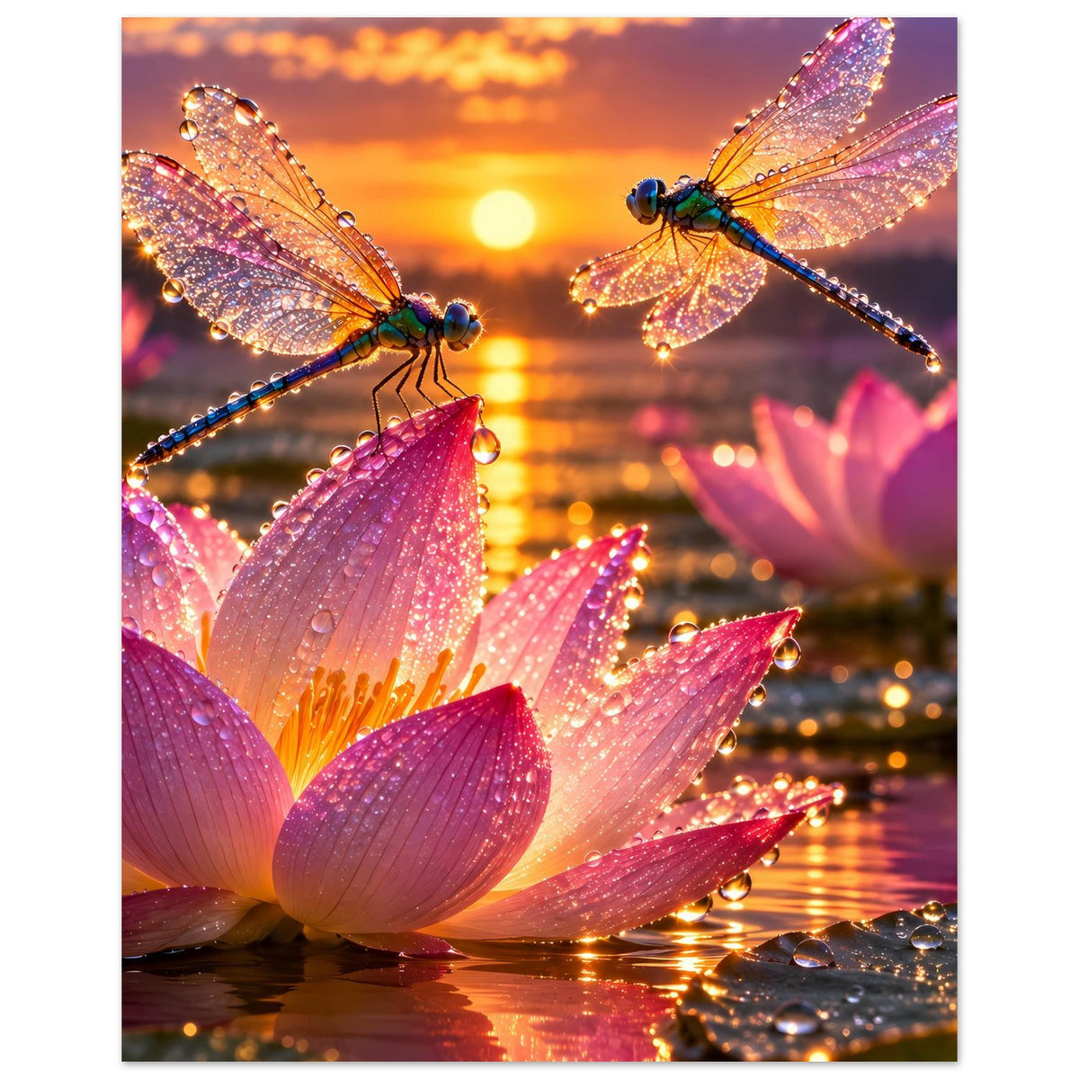 Poster mit Libellenflügeln und rosa Lotusblüten, schimmernder Glanz