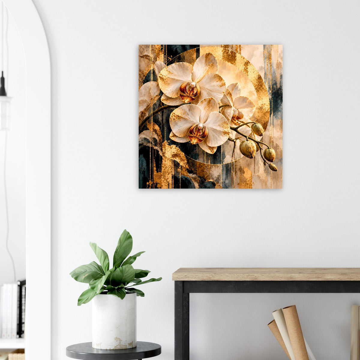 Orchideen-Kunstposter mit goldfarbenen Orchideenblüten und cremefarbenem Kreisornament