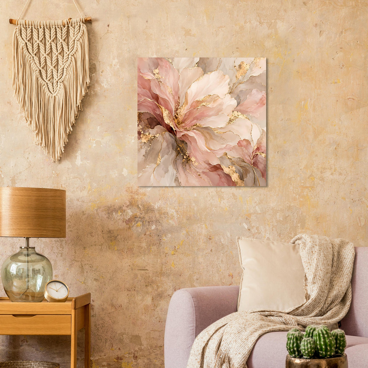 Blumenposter als Nahansicht: rosafarbene Blüten und goldene Sprenkel