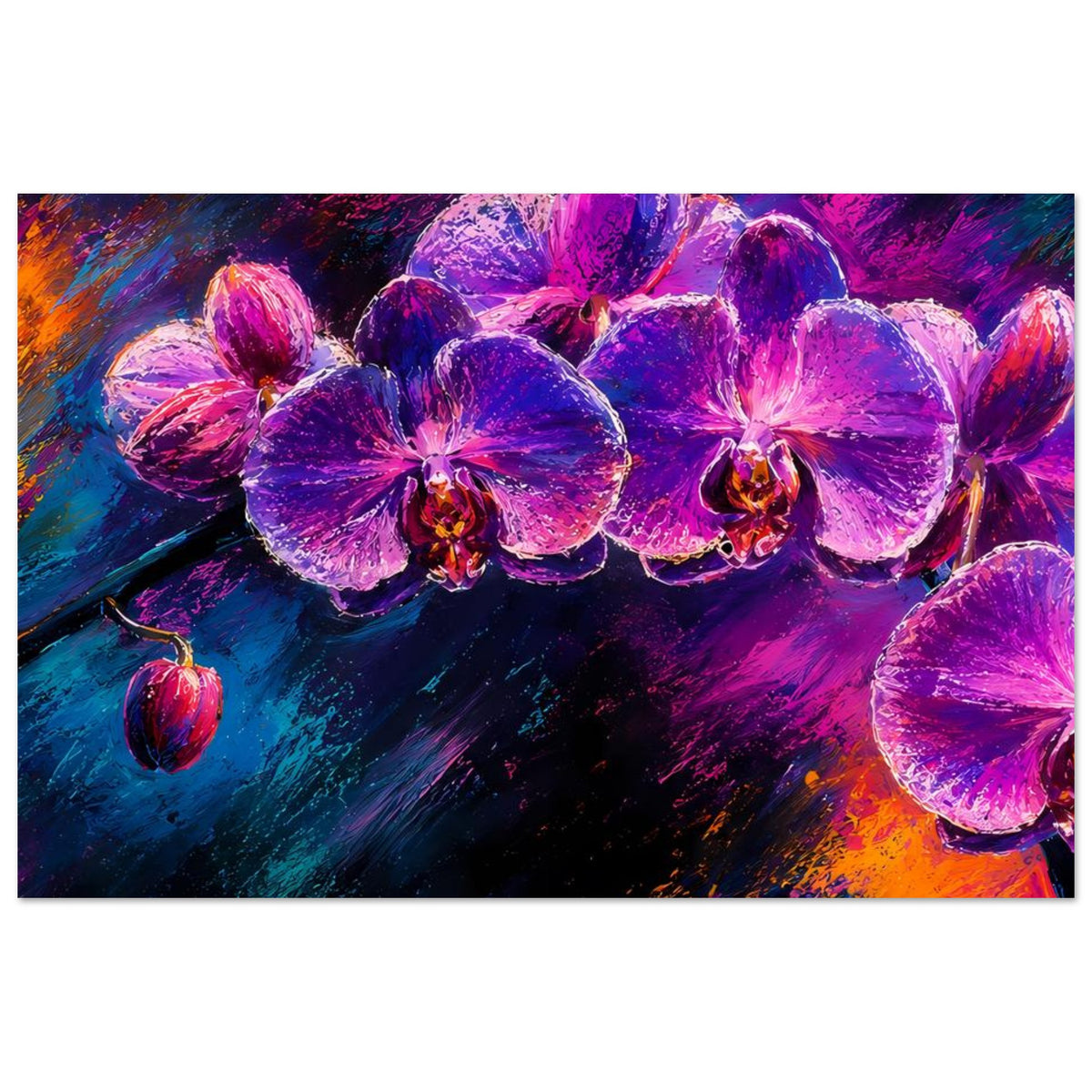 Blumenposter mit violetten Orchideenblüten und dynamischem Farbakzent