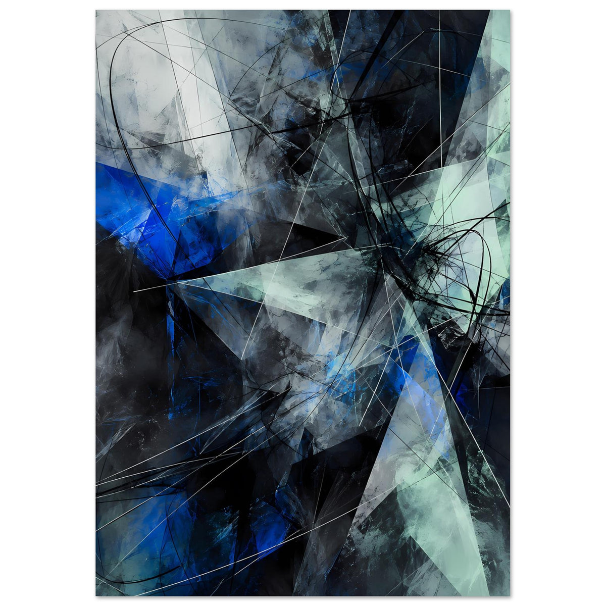 Abstraktes geometrisches Poster: Blau, Grau und Türkis mit kontrastreichen Linien und Formen
