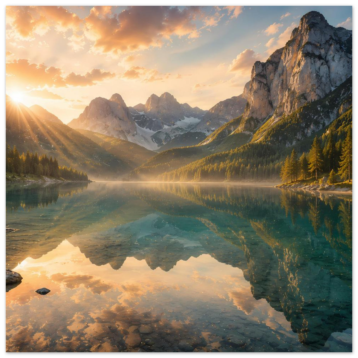 Poster mit ruhigem Bergsee, goldenes Morgenlicht über den Bergen, Reflexion, Querformat