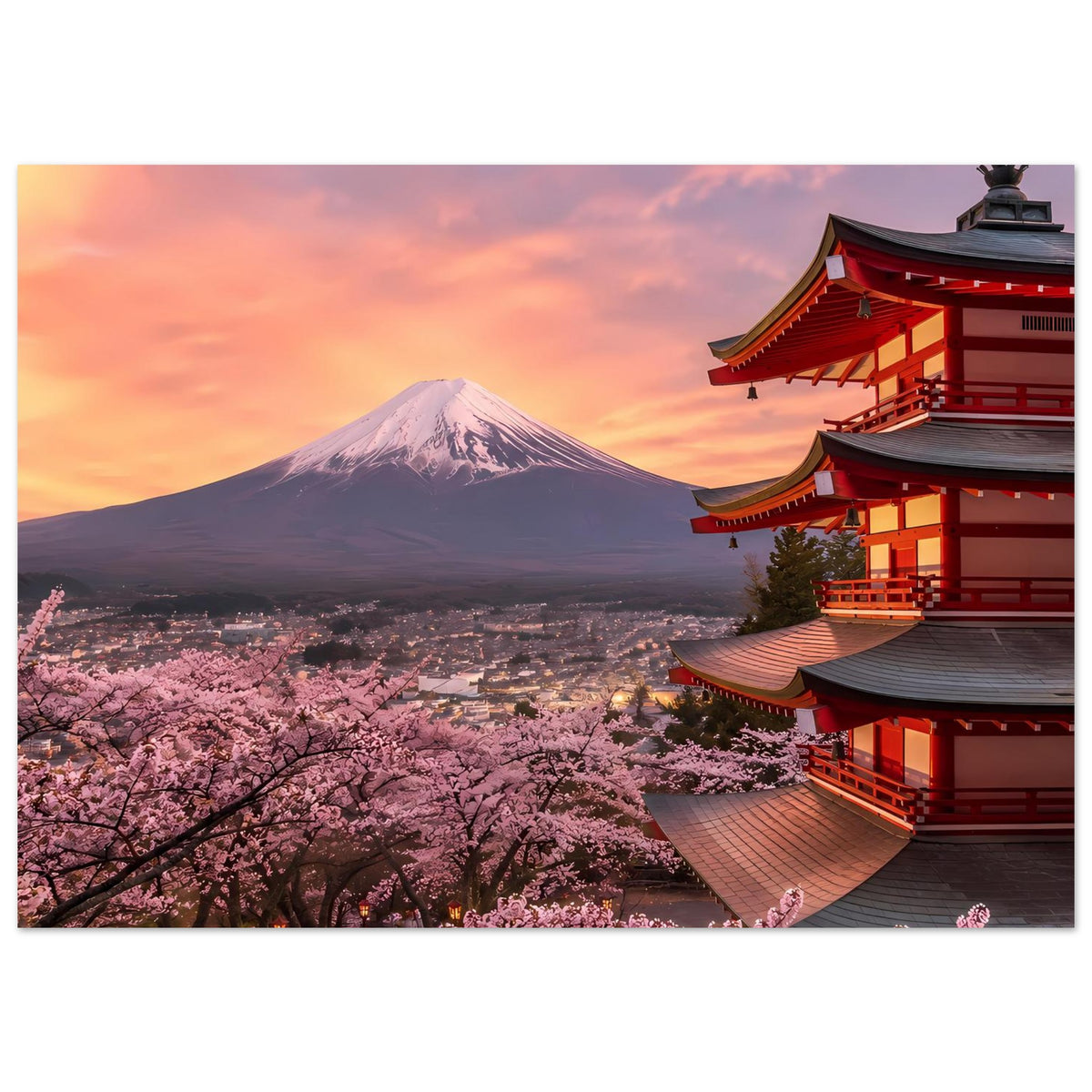 Premium Poster mit Mount Fuji, Kirschblüten im Vordergrund und rotem Tempel rechts